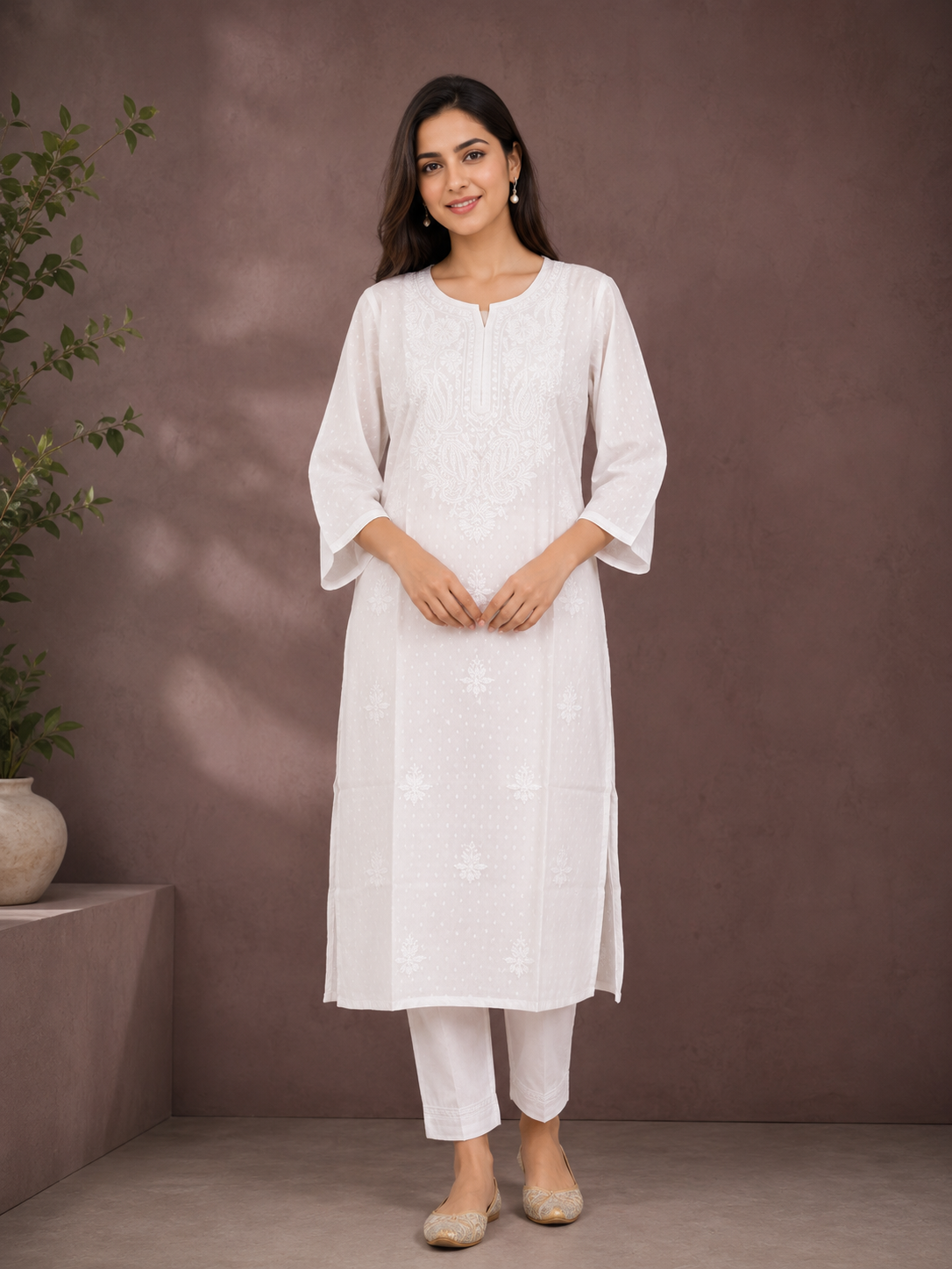 Aanya - Cotton Lucknowi Embroidery Long Kurti