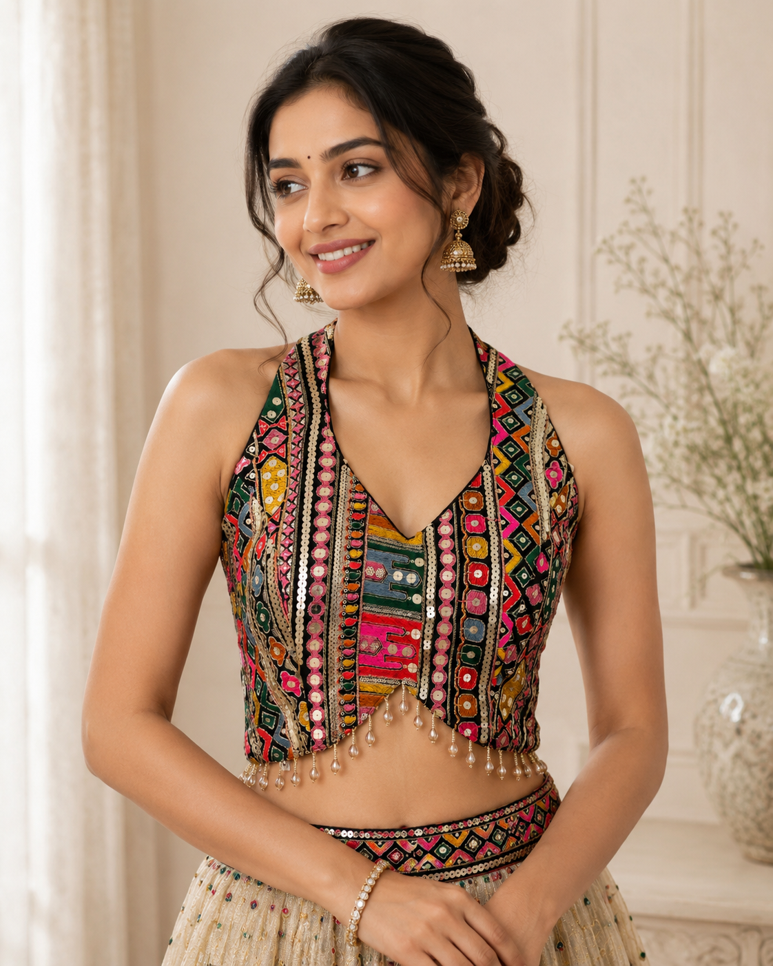 Kajol - Georgette Halter Neck Embroidered Blouse