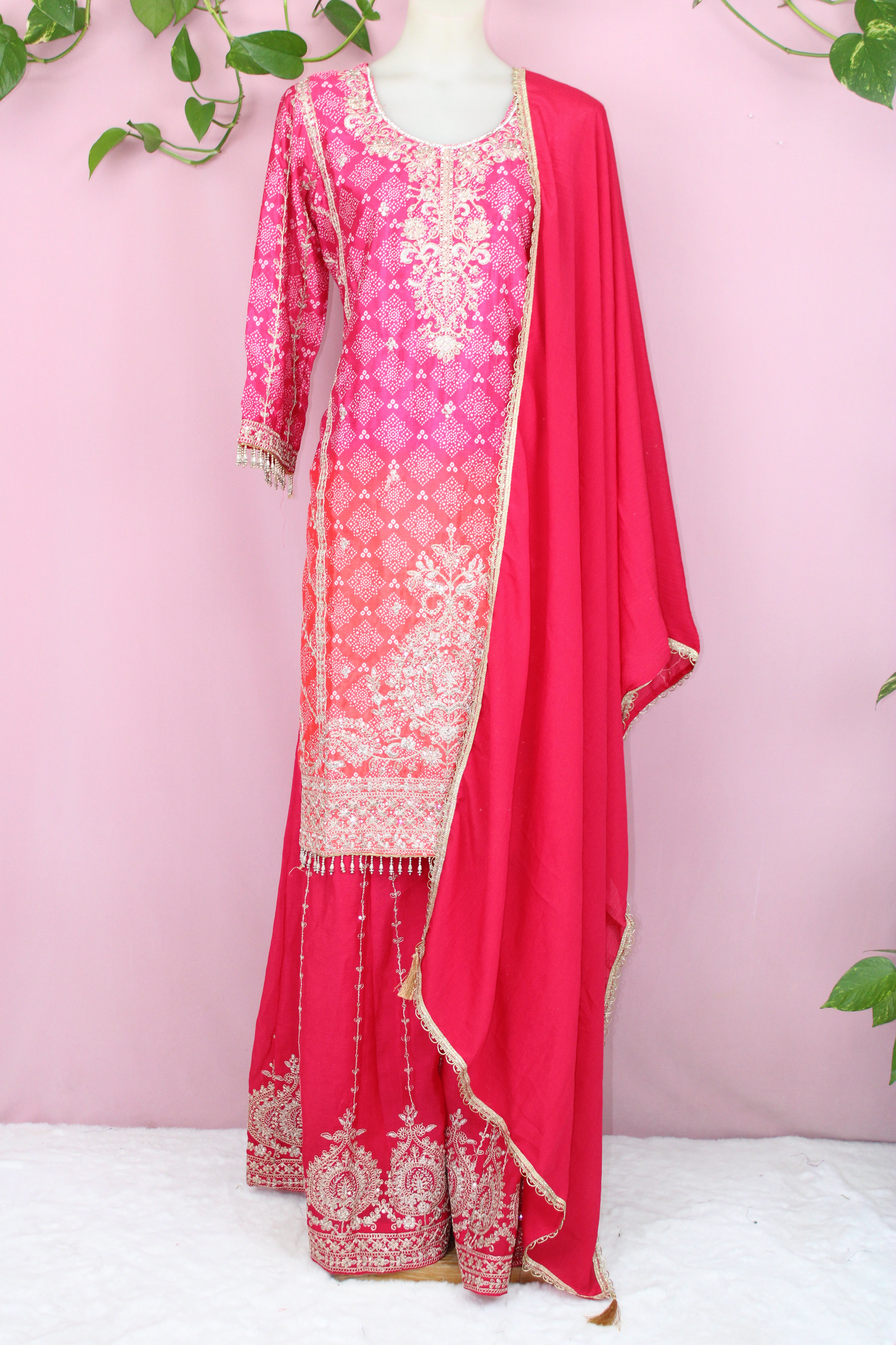 Kaya - Crape & Chinnon Embroidered Plazoo Suit