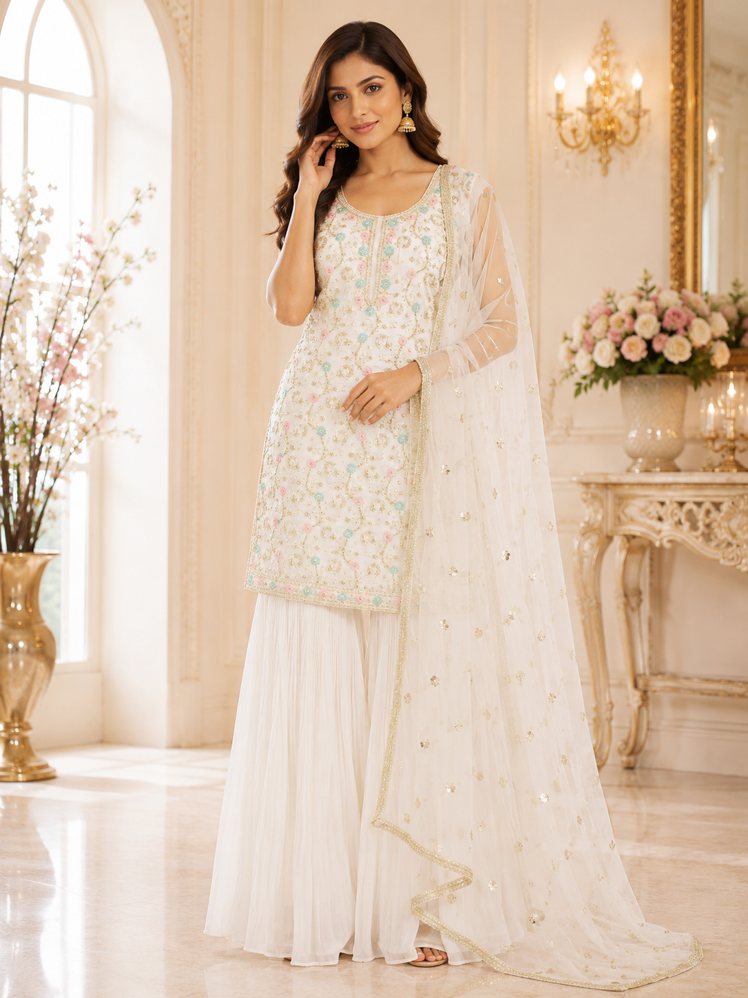 Kumkum - Chinnon Embroidery Sharara Suit