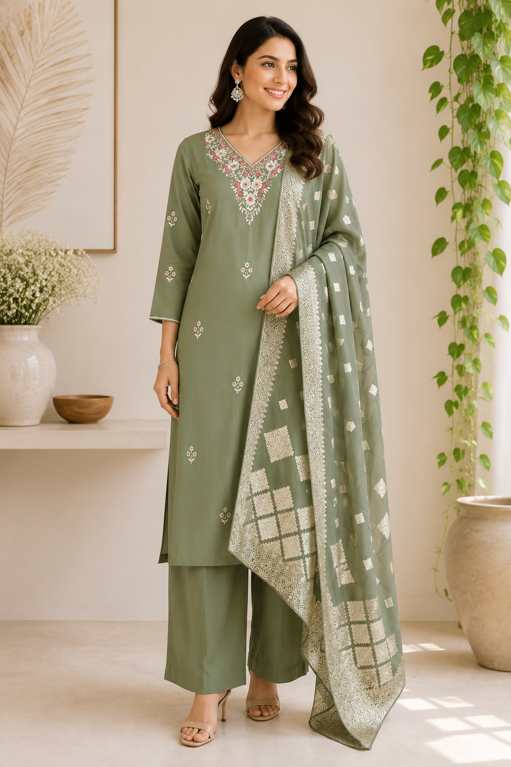Madhuri - Muslin V-neckline Embroidery Straight Suit