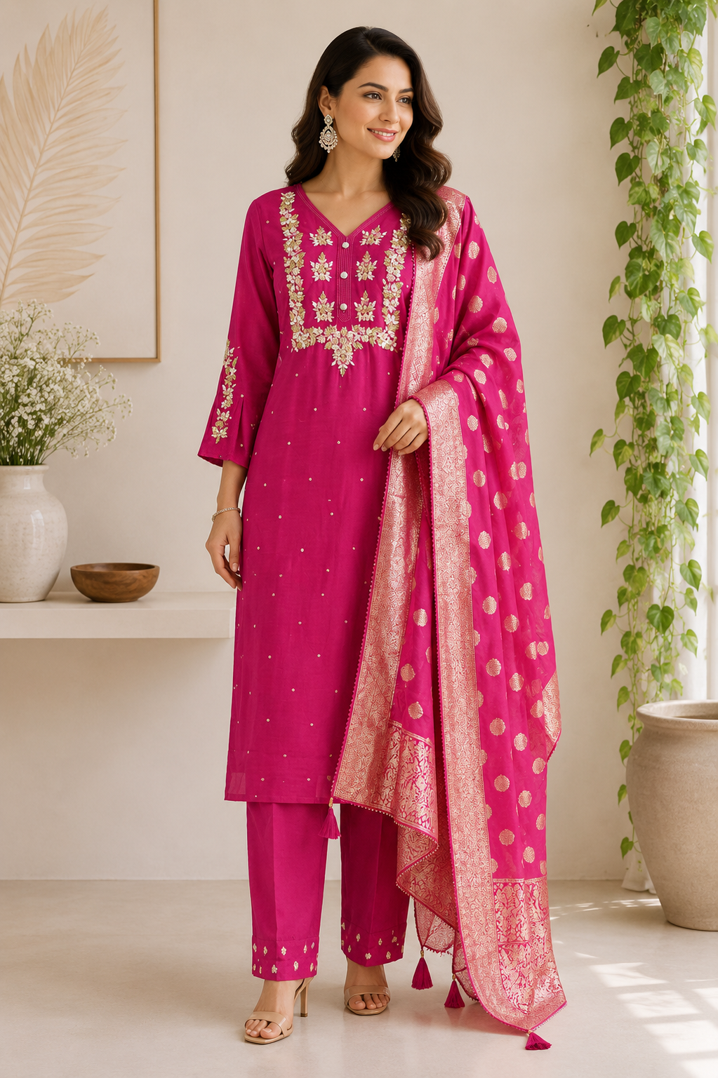 Nidhi - Vichitra Chiffon V-neckline Embroidery Straight Suit