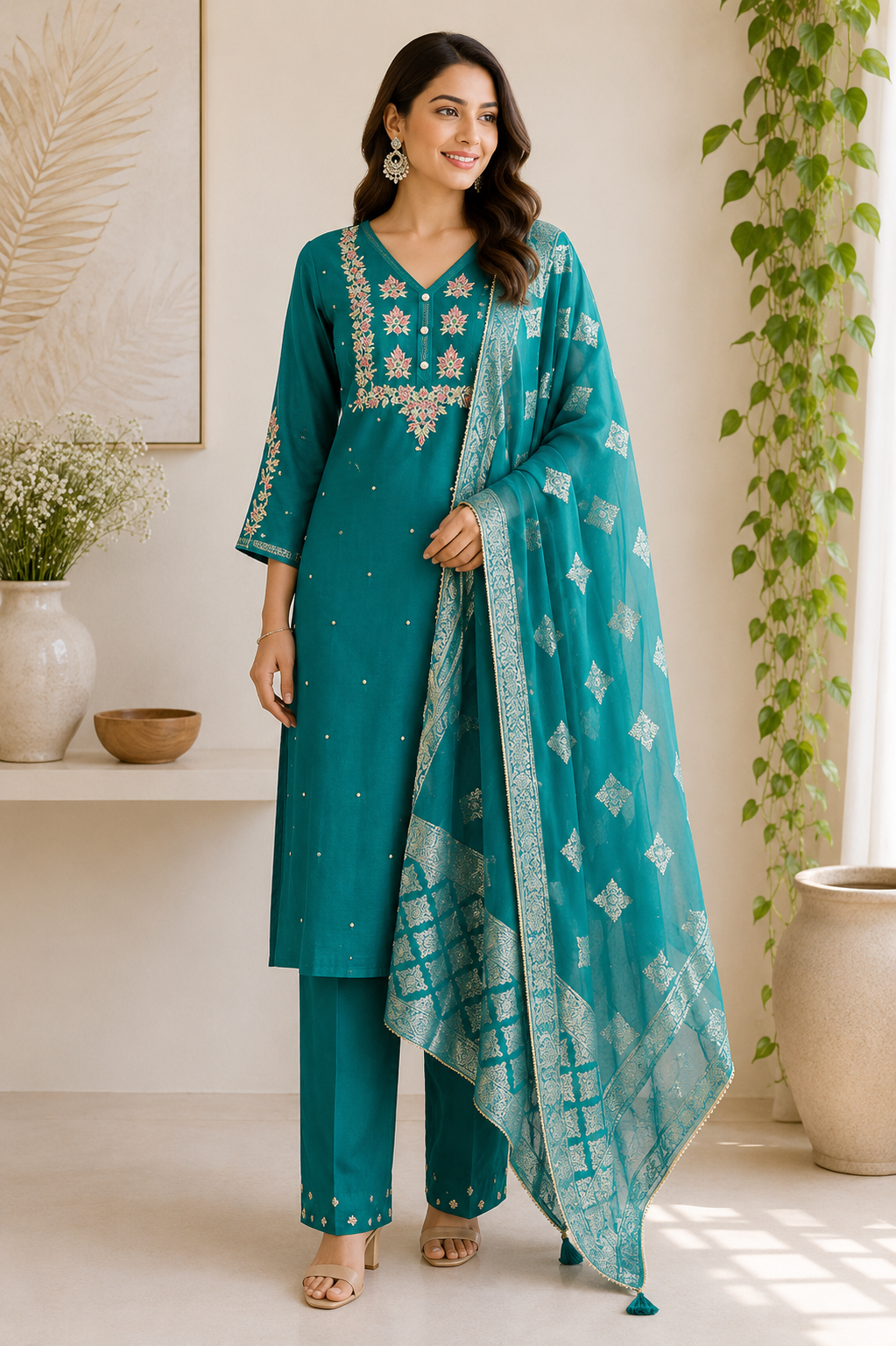 Nidhi - Vichitra Chiffon V-neckline Embroidery Straight Suit