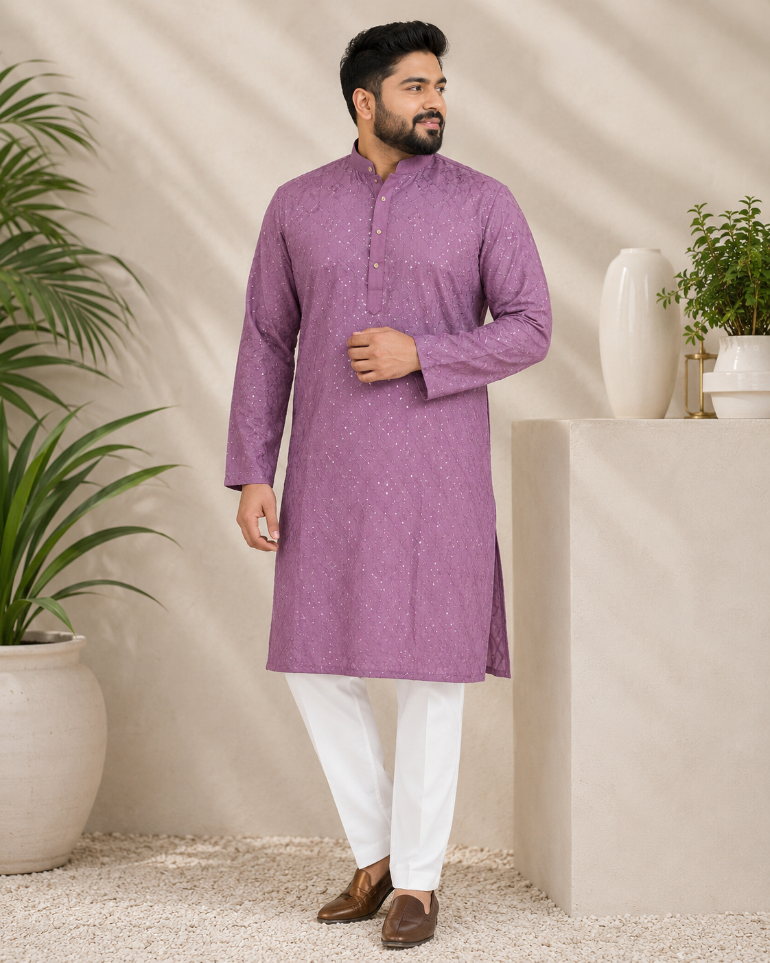 Raman - Muslin Self Thread Embroidery Kurta Set