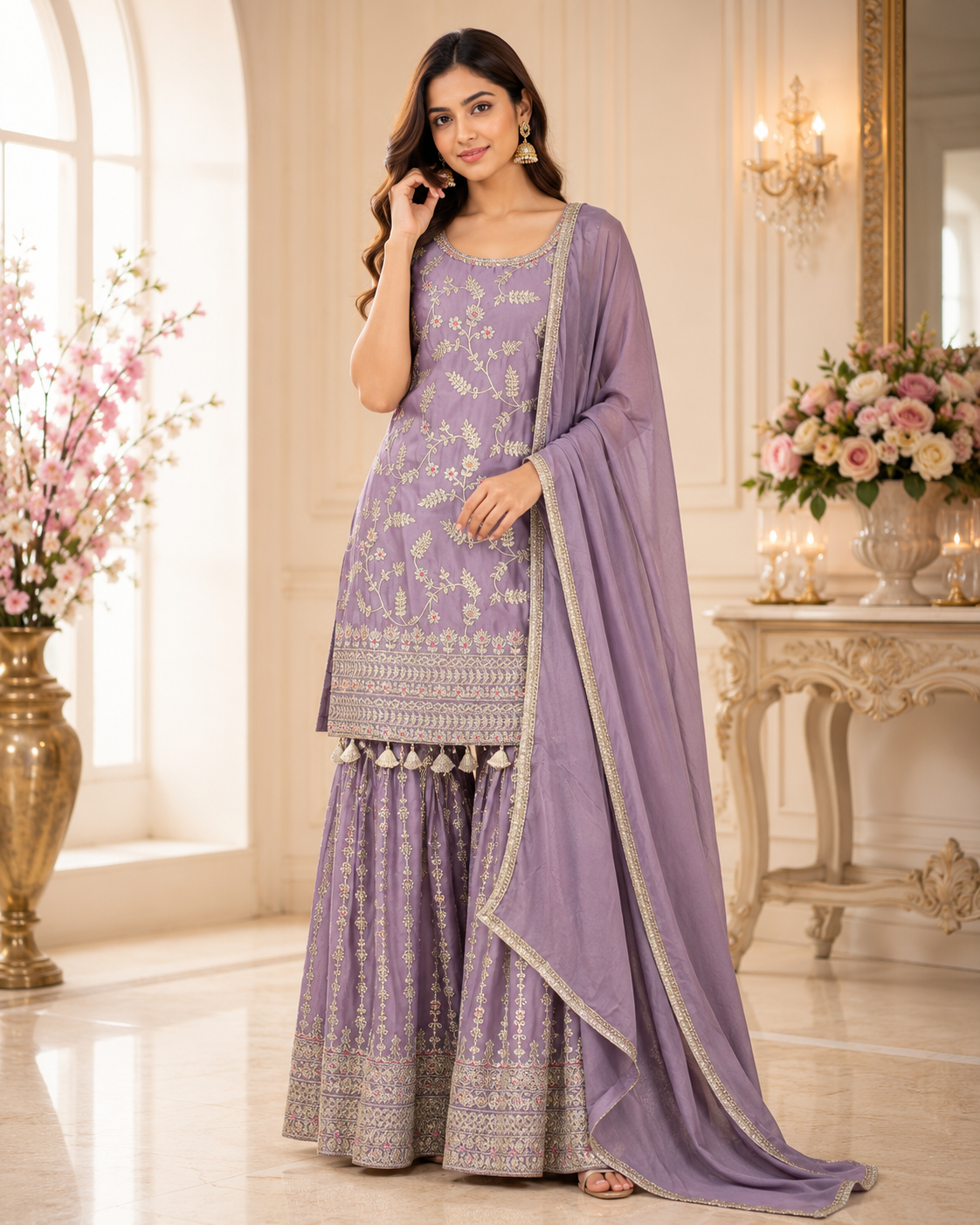 Shruti - Chinnon  Embroidery Sharara Suit