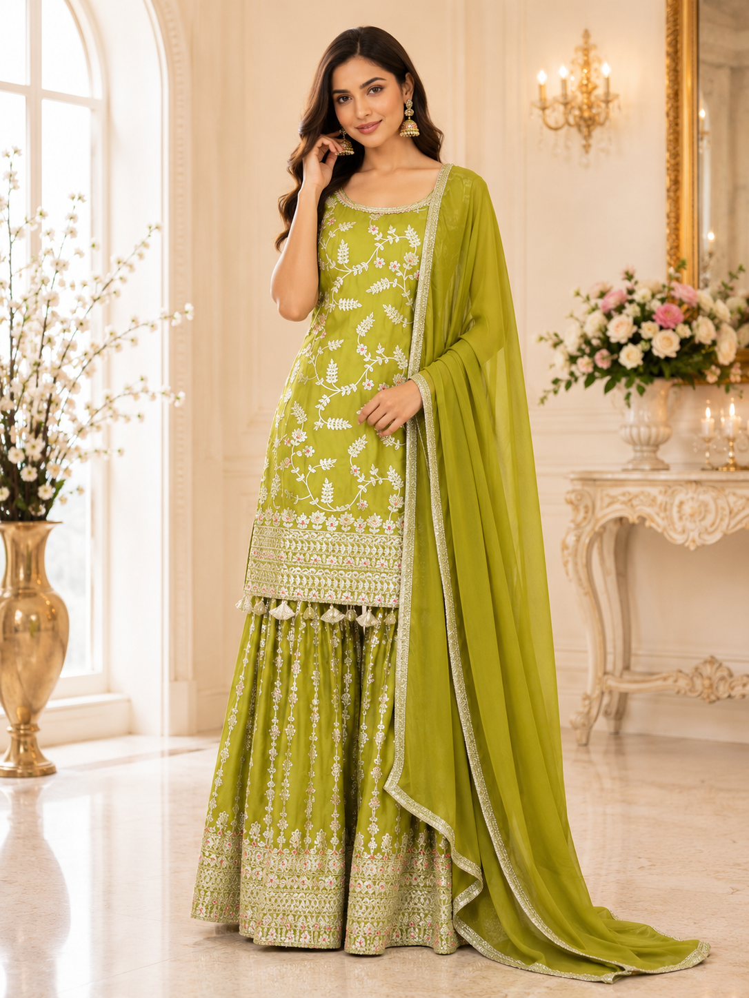 Shruti - Chinnon  Embroidery Sharara Suit
