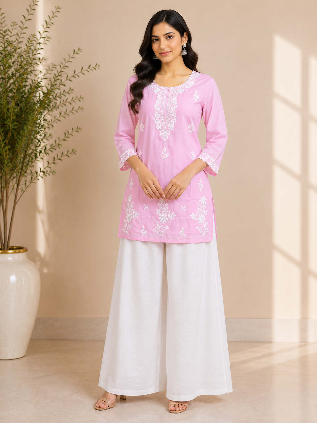 Shubhi - Cotton Lucknowi Yoke Embroidery Short Kurti