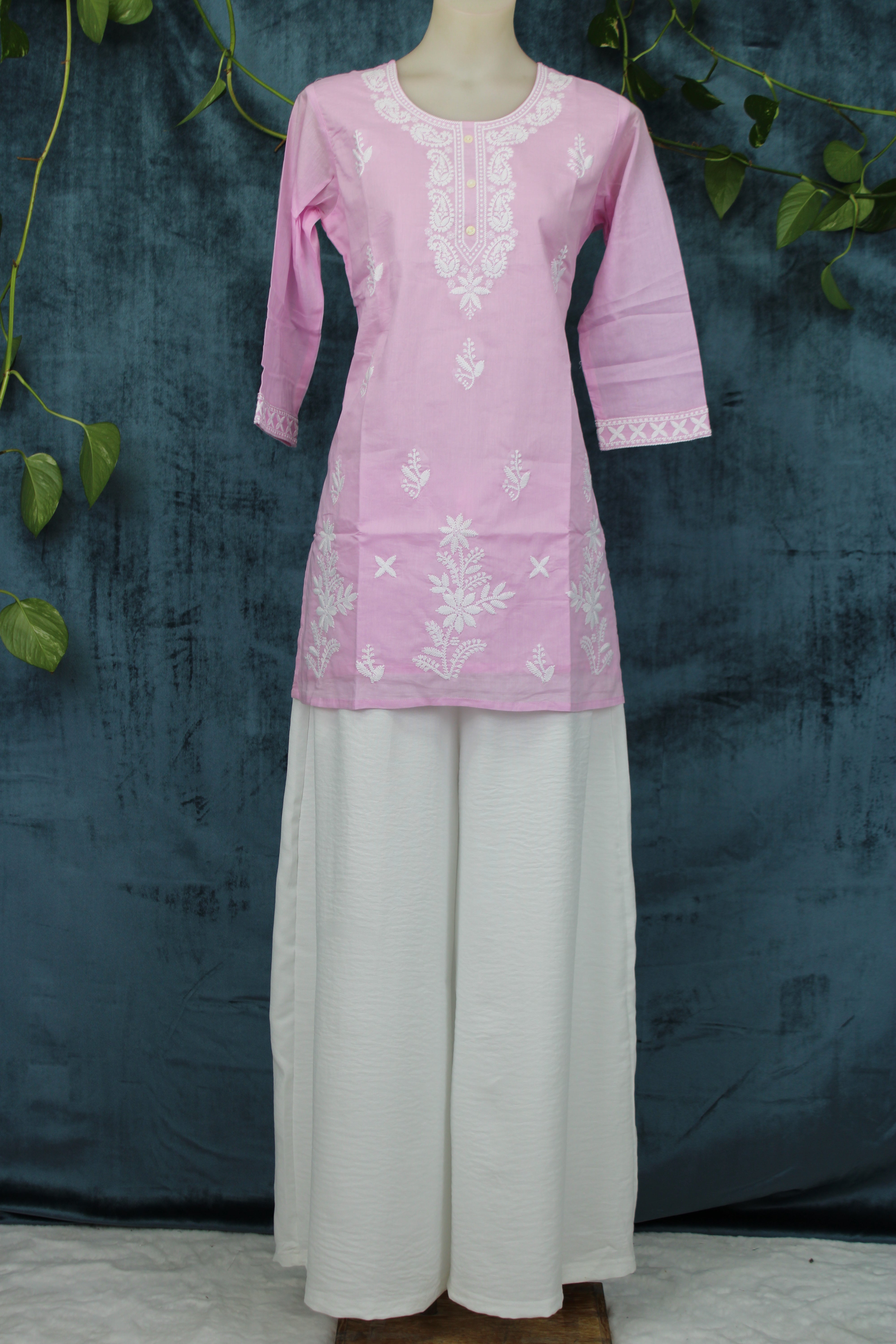 Shubhi - Cotton Lucknowi Yoke Embroidery Short Kurti