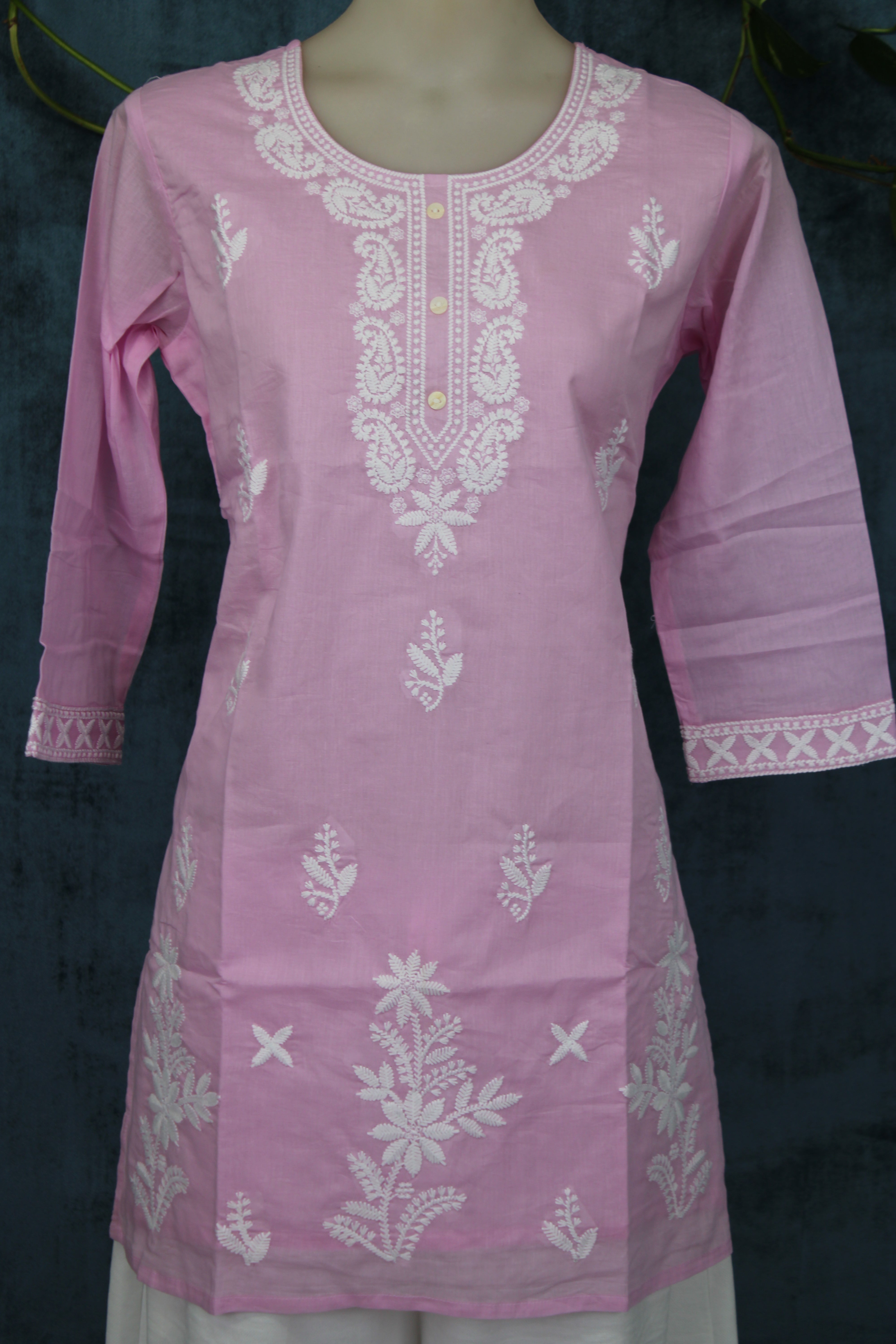 Shubhi - Cotton Lucknowi Yoke Embroidery Short Kurti