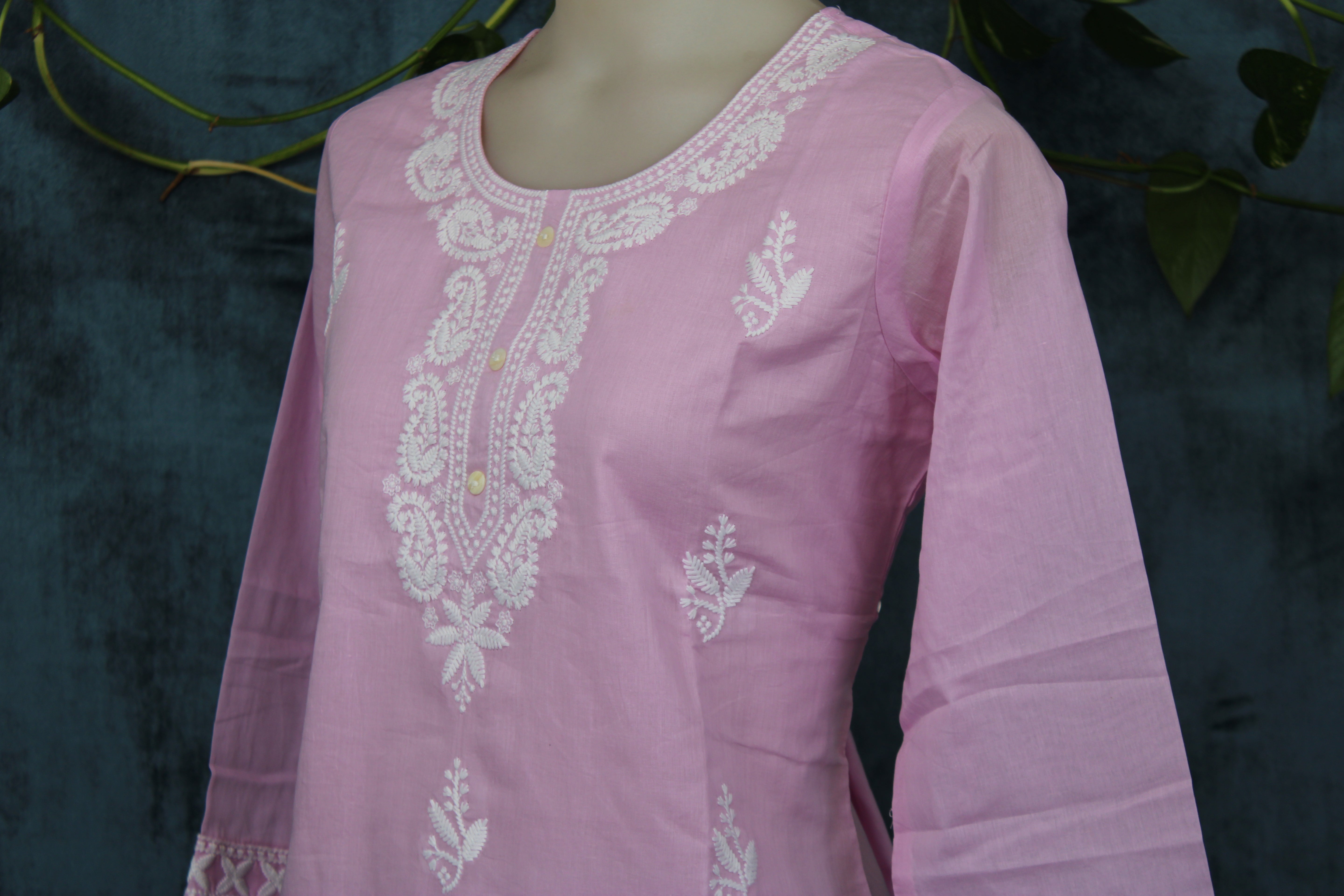 Shubhi - Cotton Lucknowi Yoke Embroidery Short Kurti