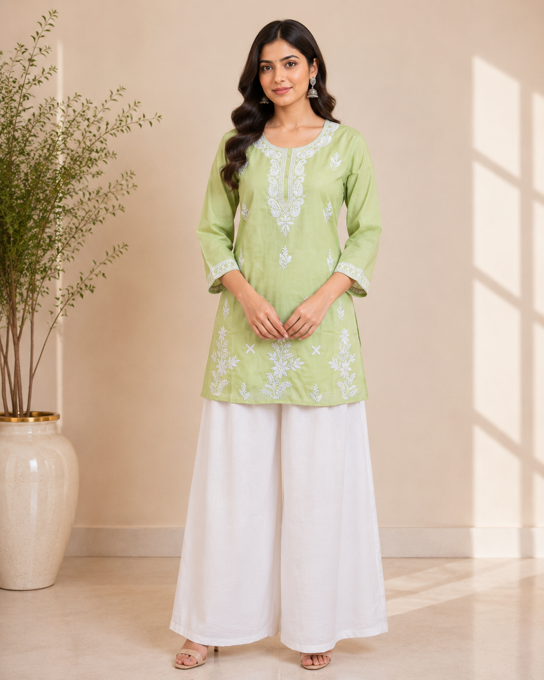 Shubhi - Cotton Lucknowi Yoke Embroidery Short Kurti