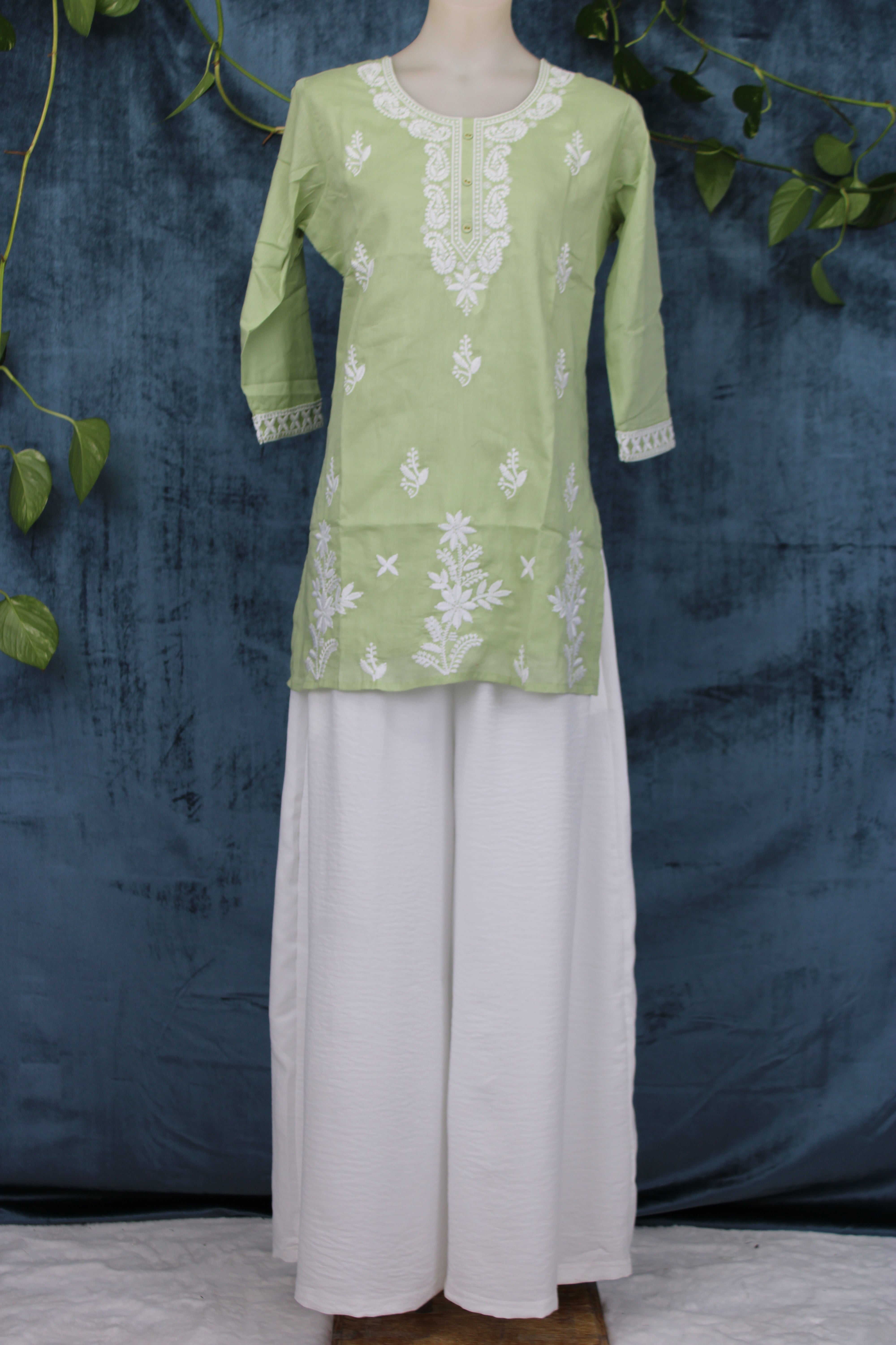 Shubhi - Cotton Lucknowi Yoke Embroidery Short Kurti