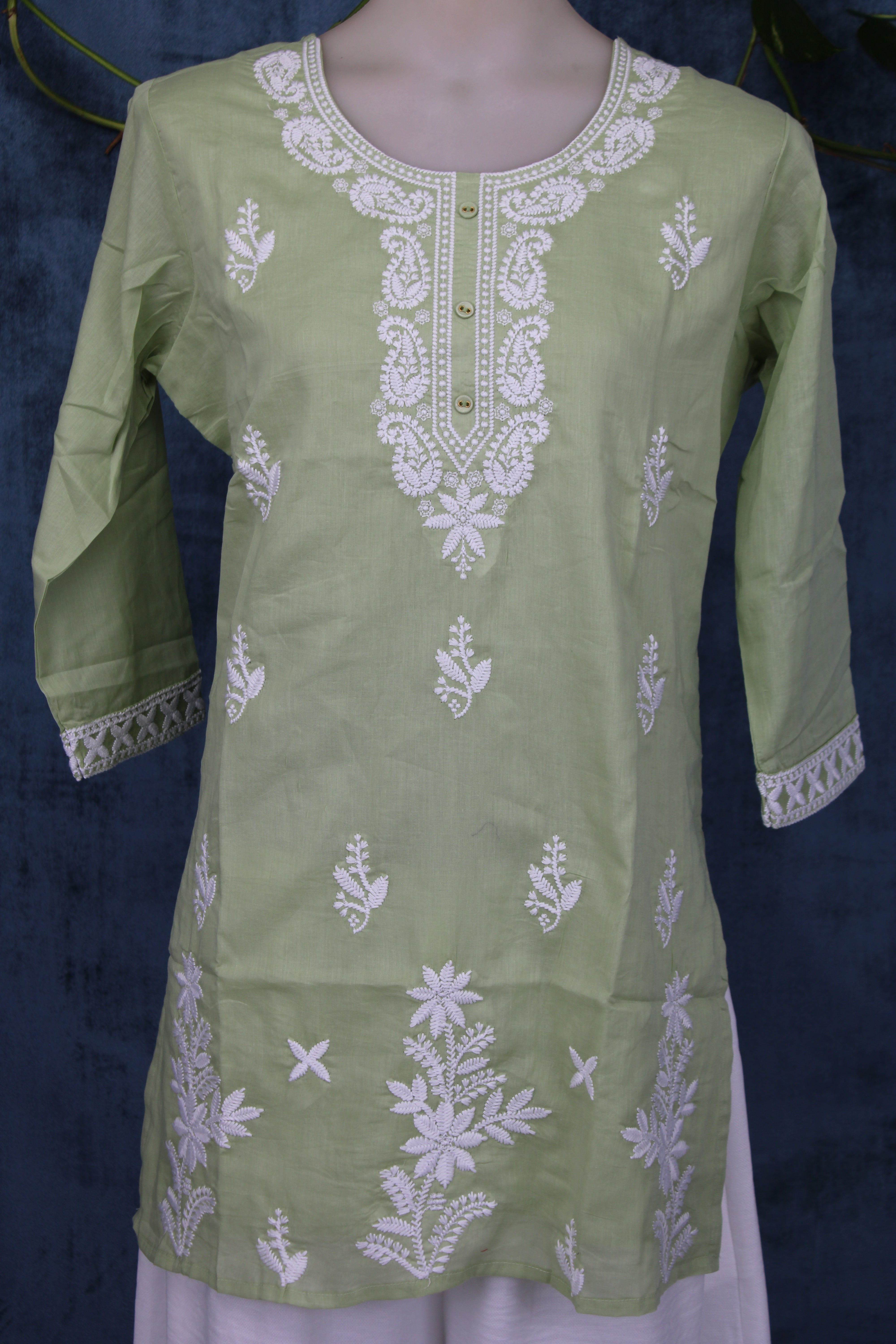 Shubhi - Cotton Lucknowi Yoke Embroidery Short Kurti
