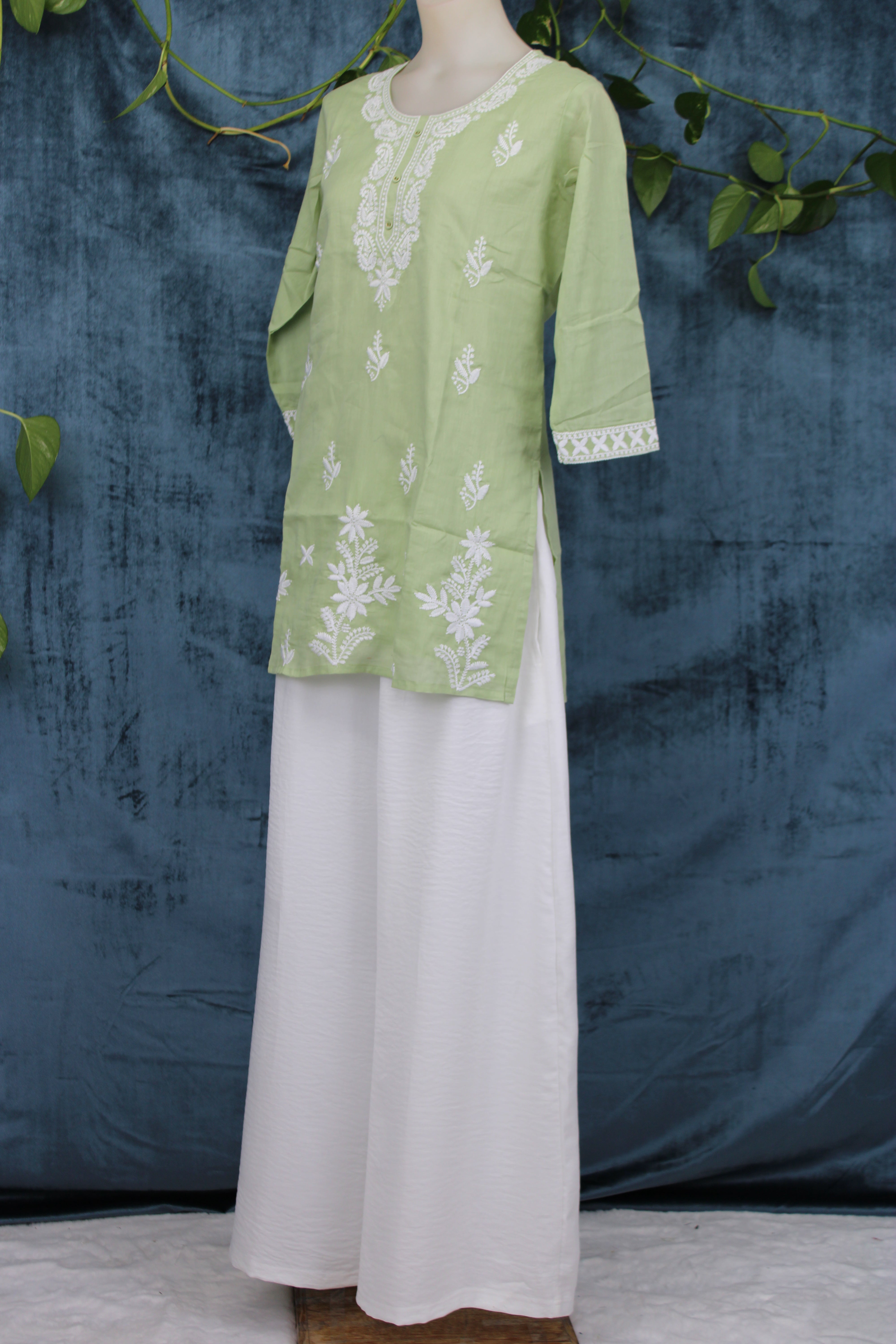 Shubhi - Cotton Lucknowi Yoke Embroidery Short Kurti