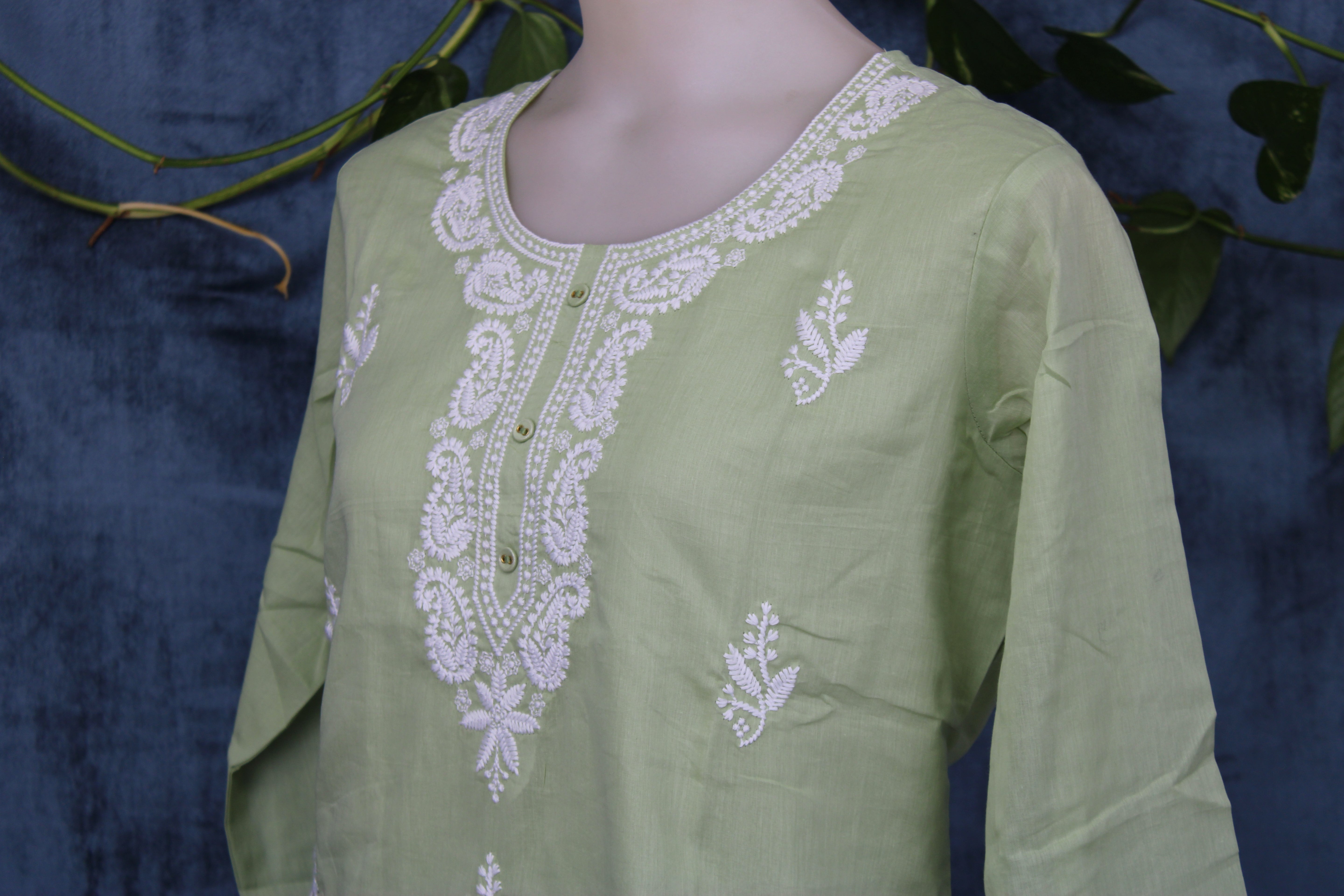 Shubhi - Cotton Lucknowi Yoke Embroidery Short Kurti