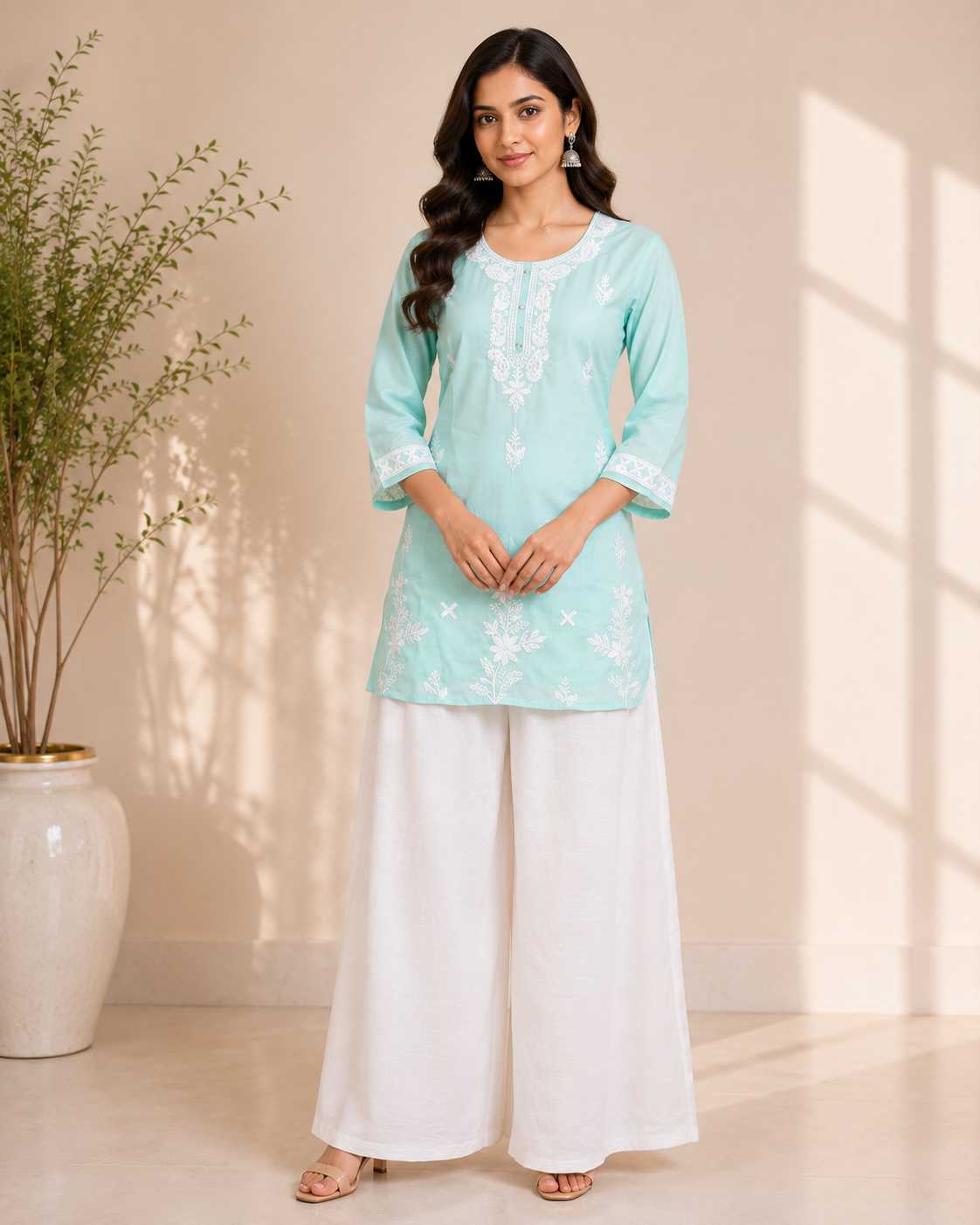 Shubhi - Cotton Lucknowi Yoke Embroidery Short Kurti