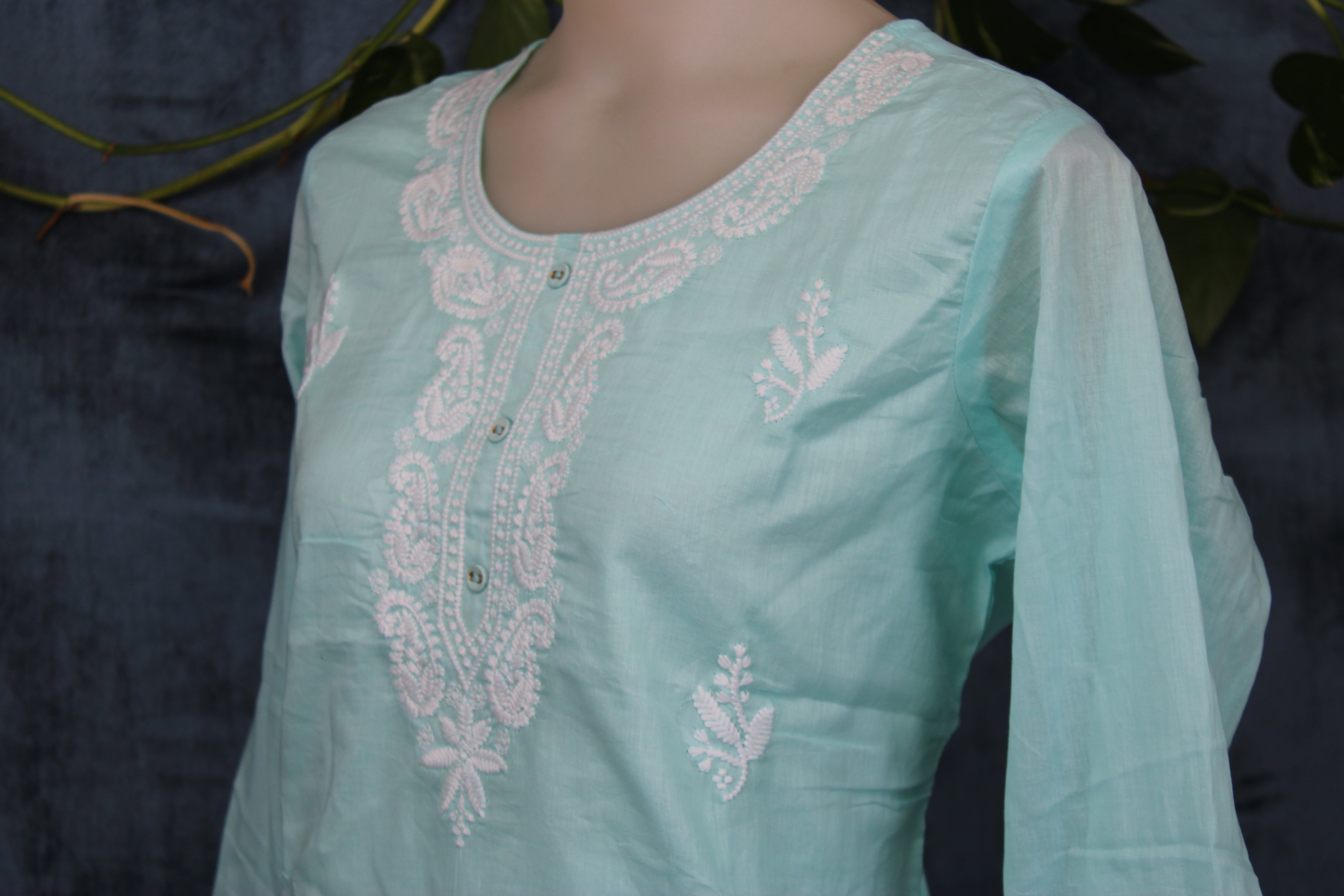 Shubhi - Cotton Lucknowi Yoke Embroidery Short Kurti