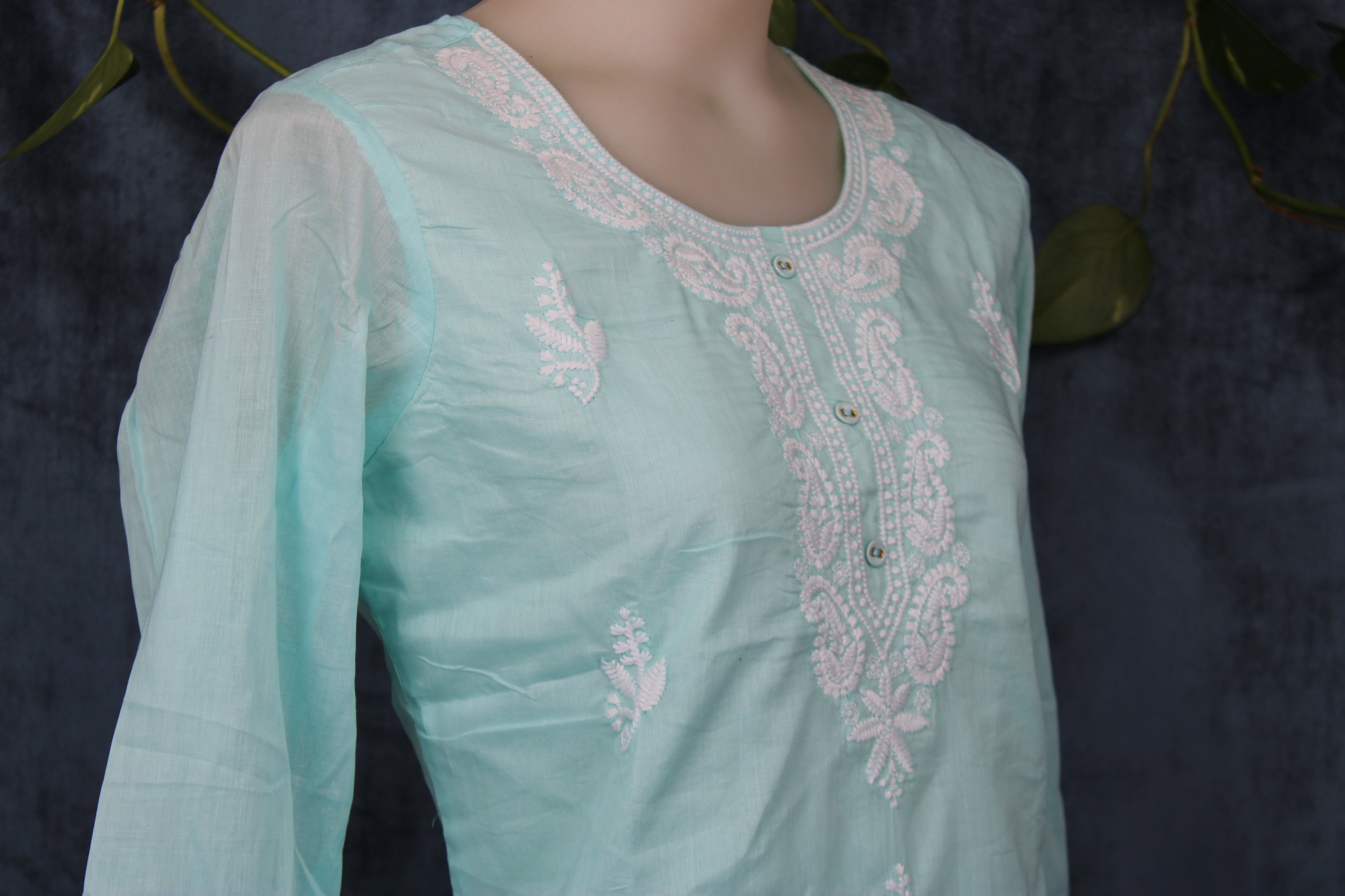 Shubhi - Cotton Lucknowi Yoke Embroidery Short Kurti