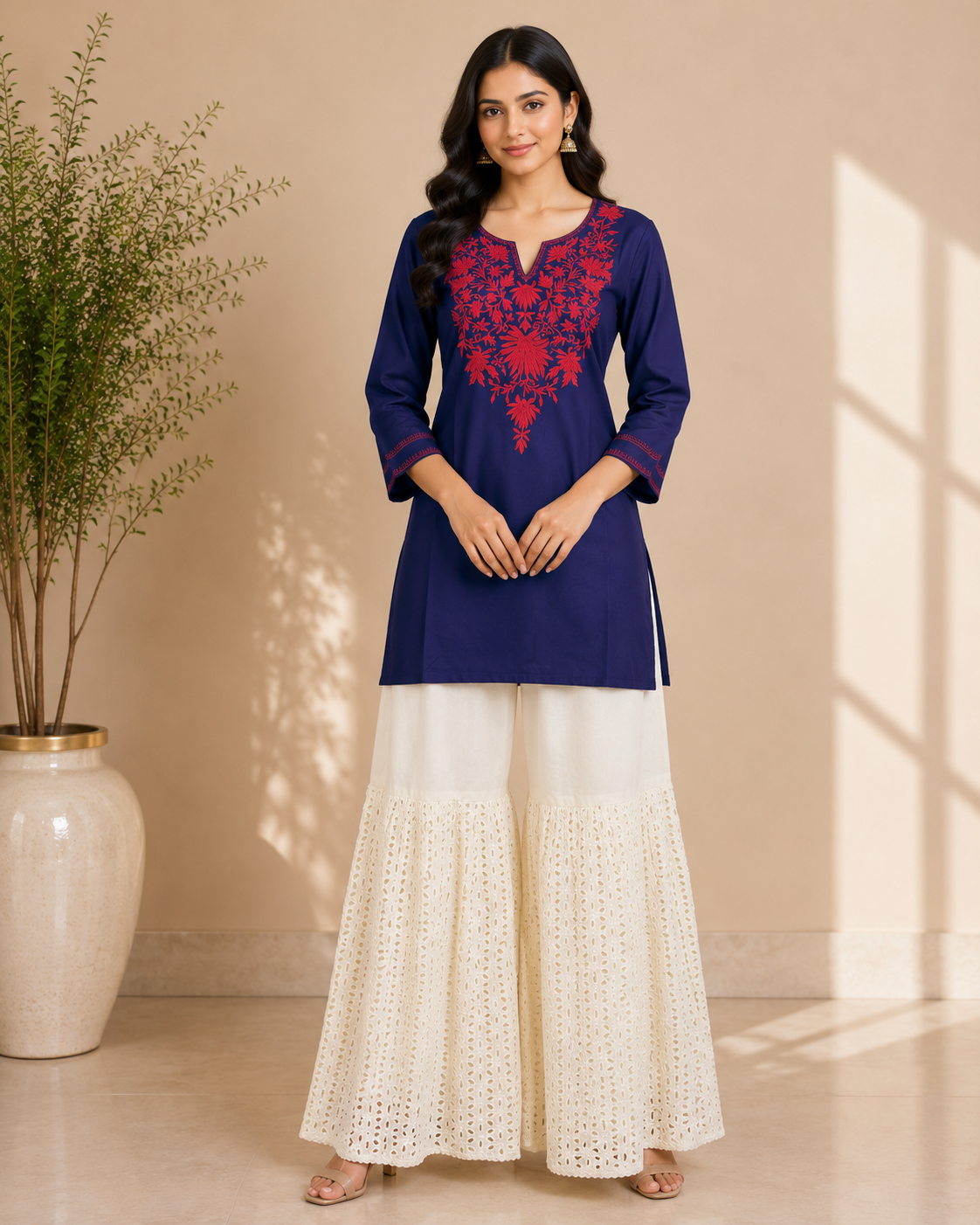 Tanvi - Cotton Kashmiri Yoke Embroidery Short Kurti