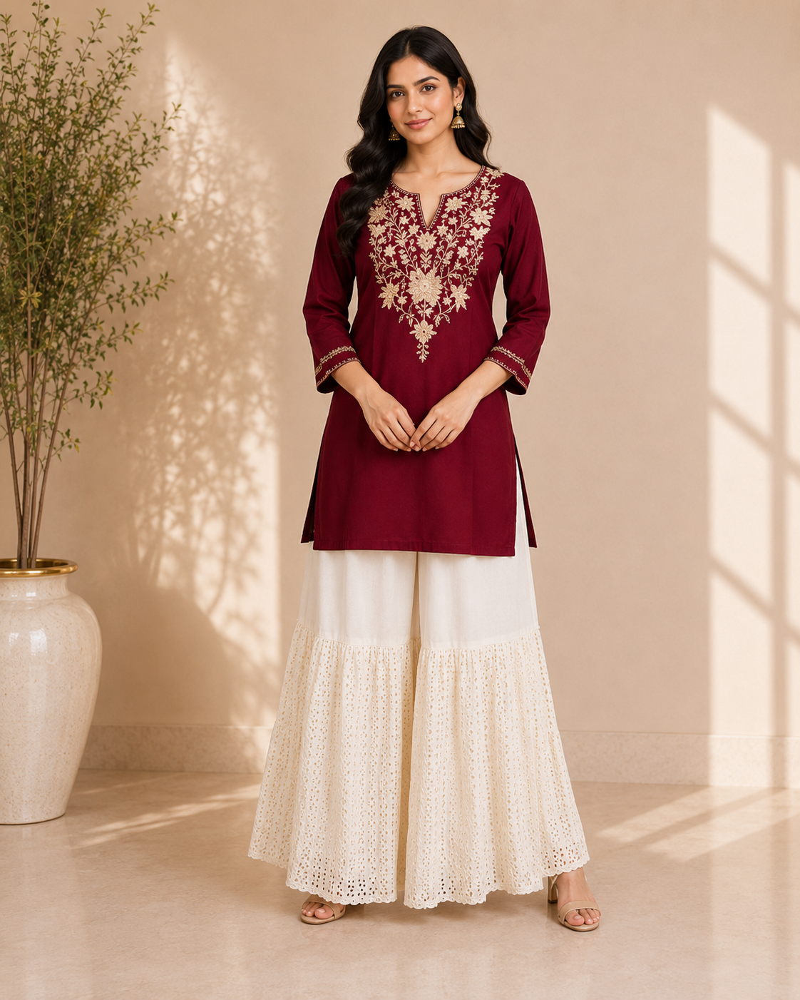 Tanvi - Cotton Kashmiri Yoke Embroidery Short Kurti