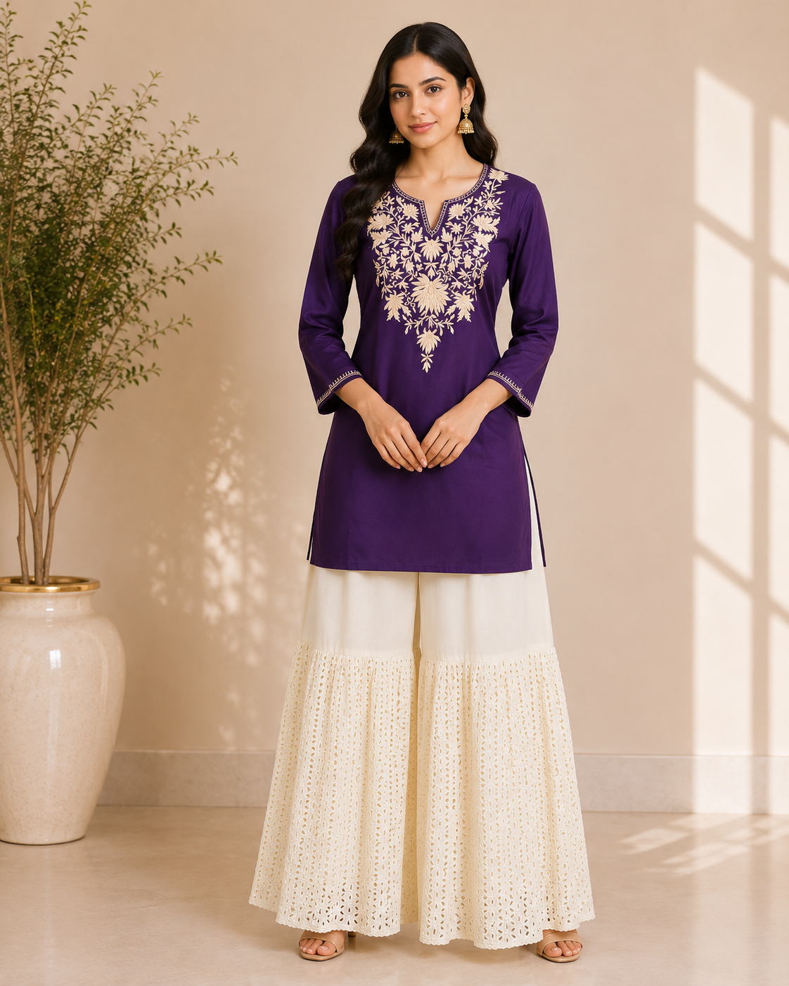 Tanvi - Cotton Kashmiri Yoke Embroidery Short Kurti