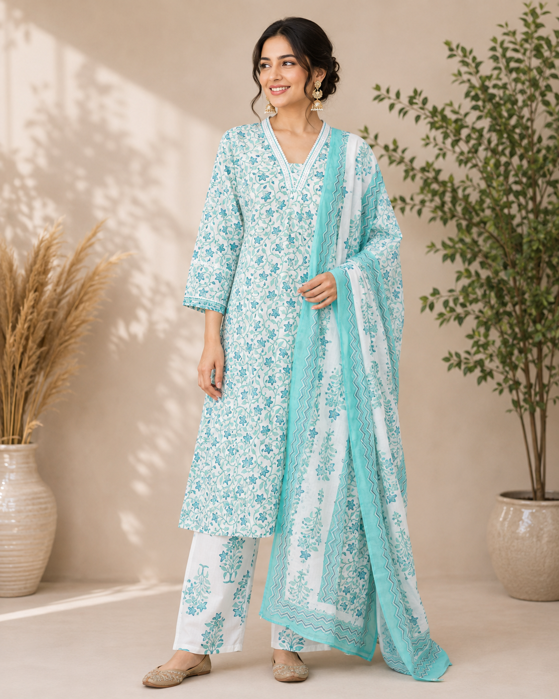 Leena - Cotton V-Neckline Suit