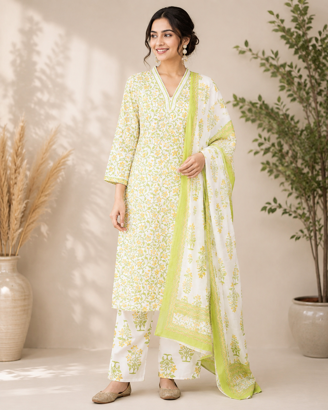 Leena - Cotton V-Neckline Suit