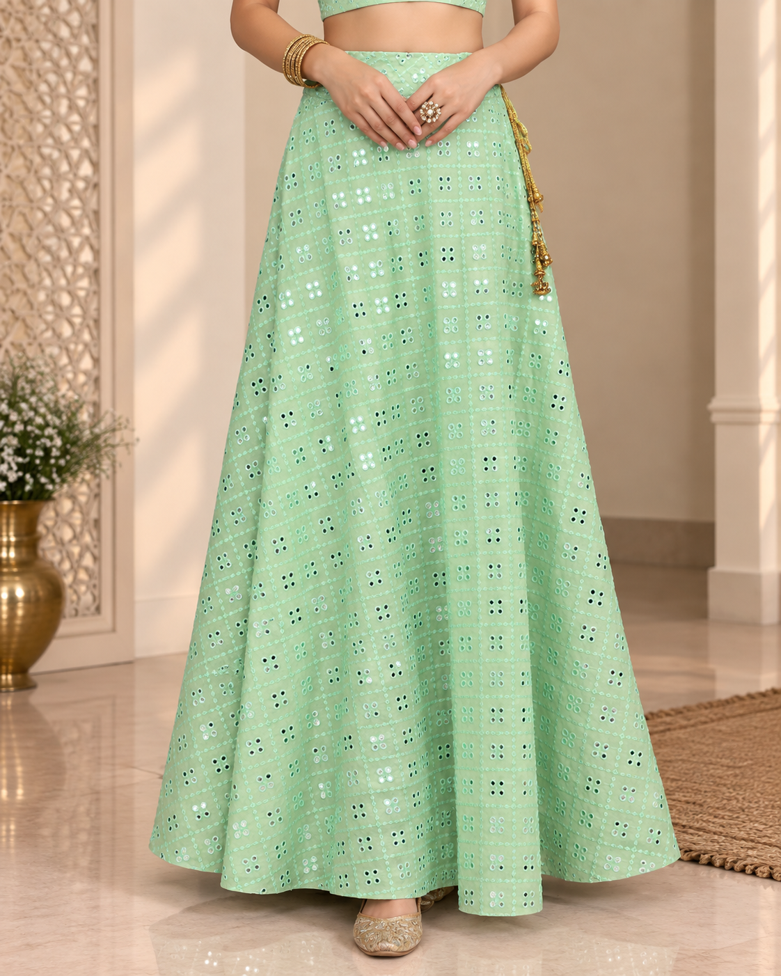 Poh - Georgette Mirror Work Lehenga